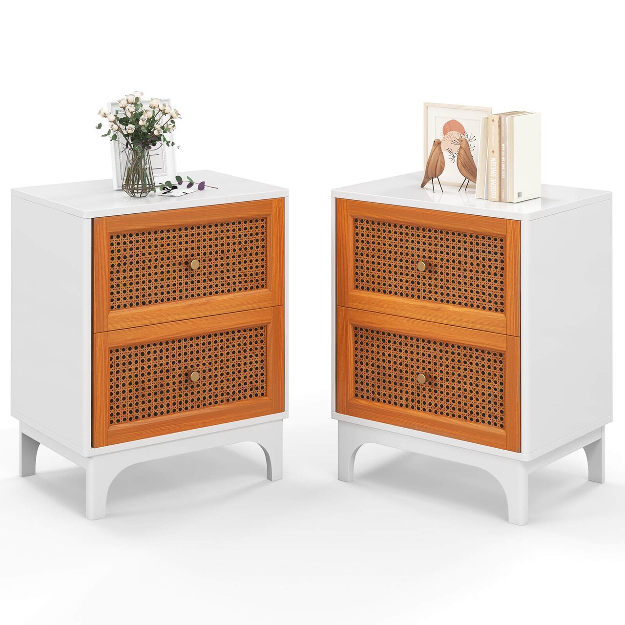 Costway 1/2 PCS Rattan Nightstand with Storage Wood End Sofa Side Table with 2 drawers Wood Legs